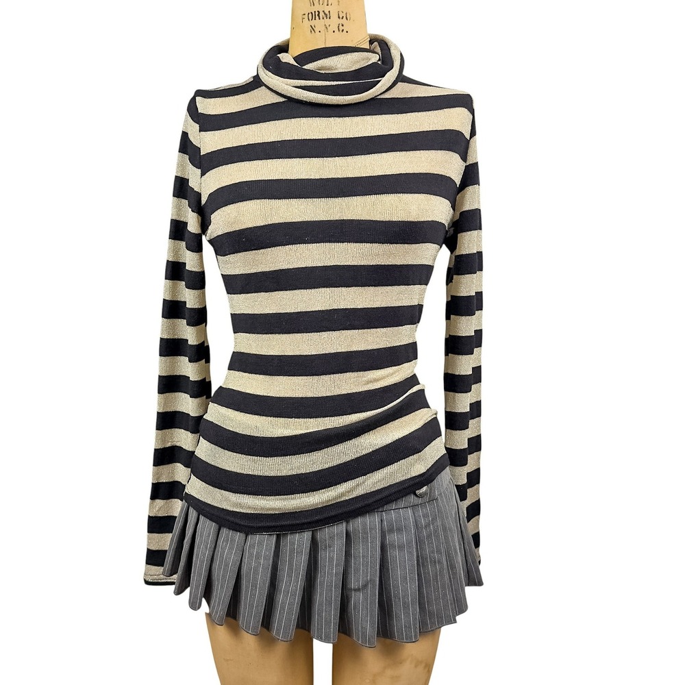 Y2K Metallic Striped Turtleneck Gold Black Cowl Neck Minimalist Grunge Large